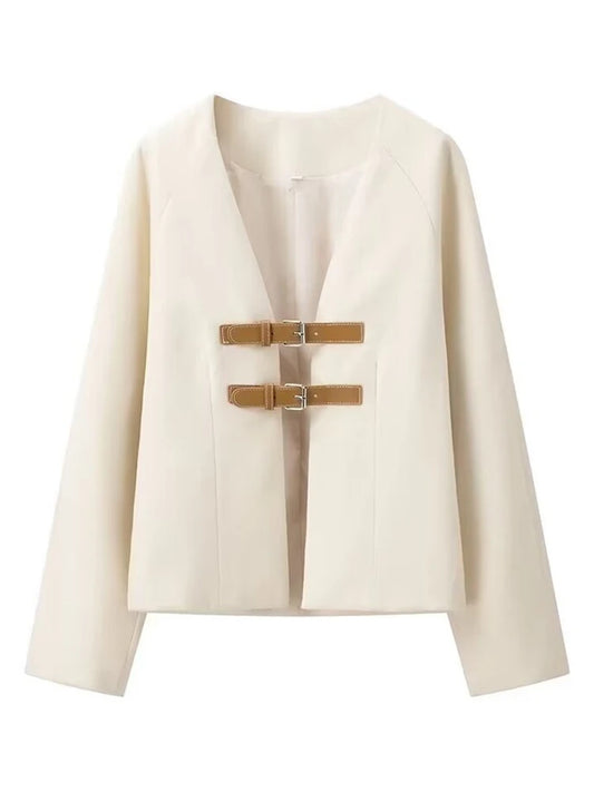 Strapped V Neck Elegant Blazer/New Long Sleeve/Metal Buckle Jacket Fashion Tide Autumn.