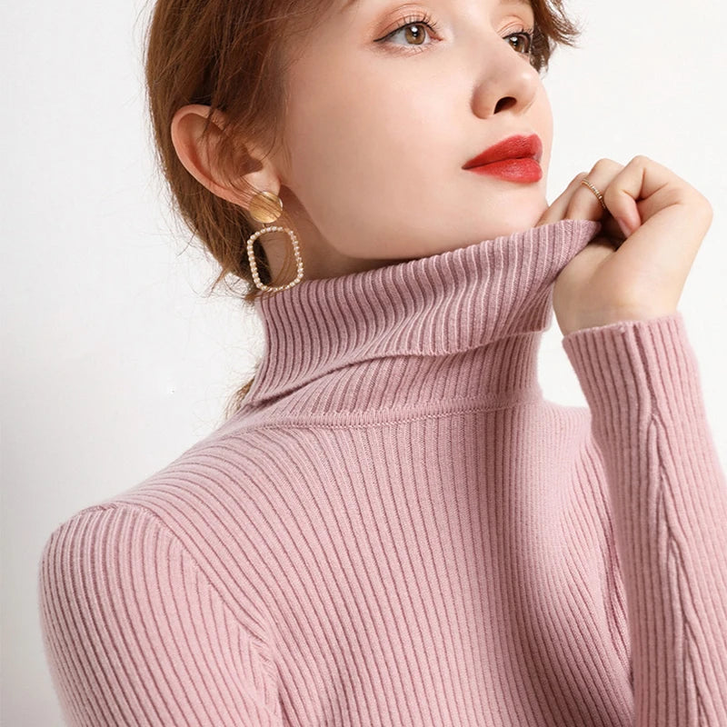 Pullover High Neck~Knitted Ribbed Turtleneck/Soft Pullovers Cashmere Jumpers. Stretch in size.