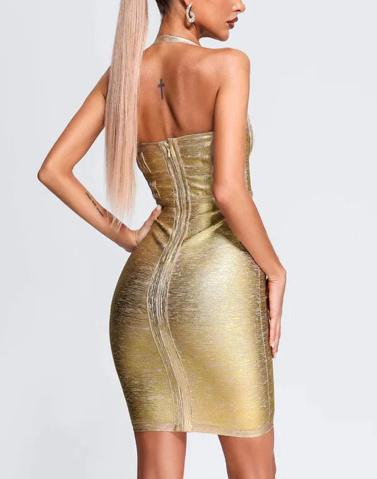 New Gold Foil Sexy Dress/Halter Body~Con  Mini Bandage Dress/Sleeveless Nighclub Party Fashion Celebrity Dress.