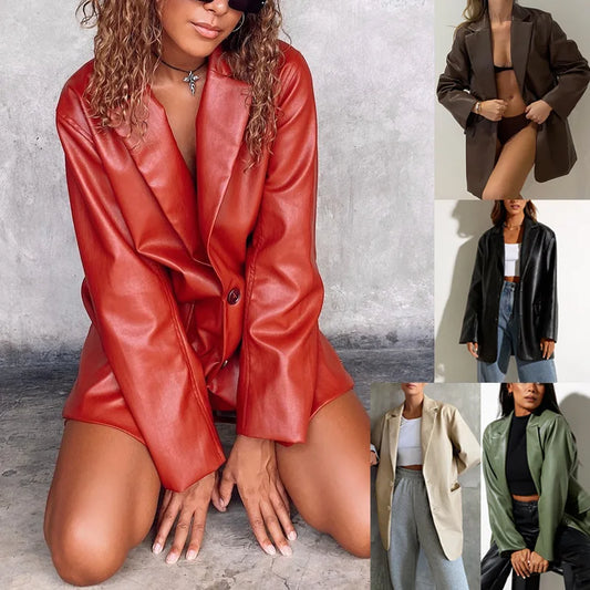 Women’s Oversized Vegan Leather Blazer – Single Breasted Faux Leather Jacket with Pockets