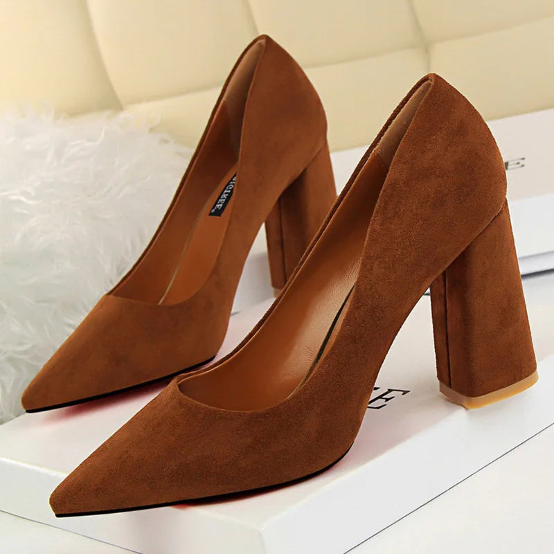 Women’s Suede-Look Pointed Toe Pumps | 8.5cm Block Heel Dress Shoes | Elegant Cognac Brown Heels