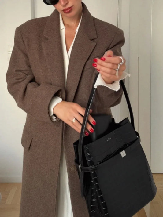 Classic Shoulder Pad Coat/Long Woolen Single Breasted Fit/Fashion Lapel/Single-breasted Long Sleeved Chic Coat/Autumn Commute Street Outerwear.