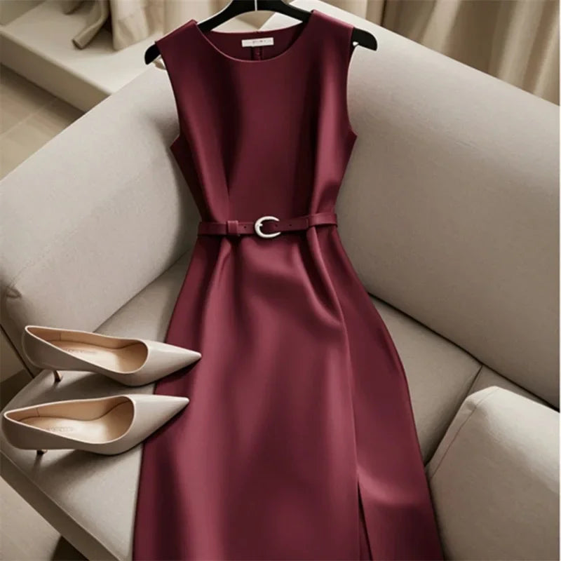 New French Luxury Summer Dress Women Elegant Sleeveless High Waist Satin Formal Dress Fashion Party Vestidos with Belt High End