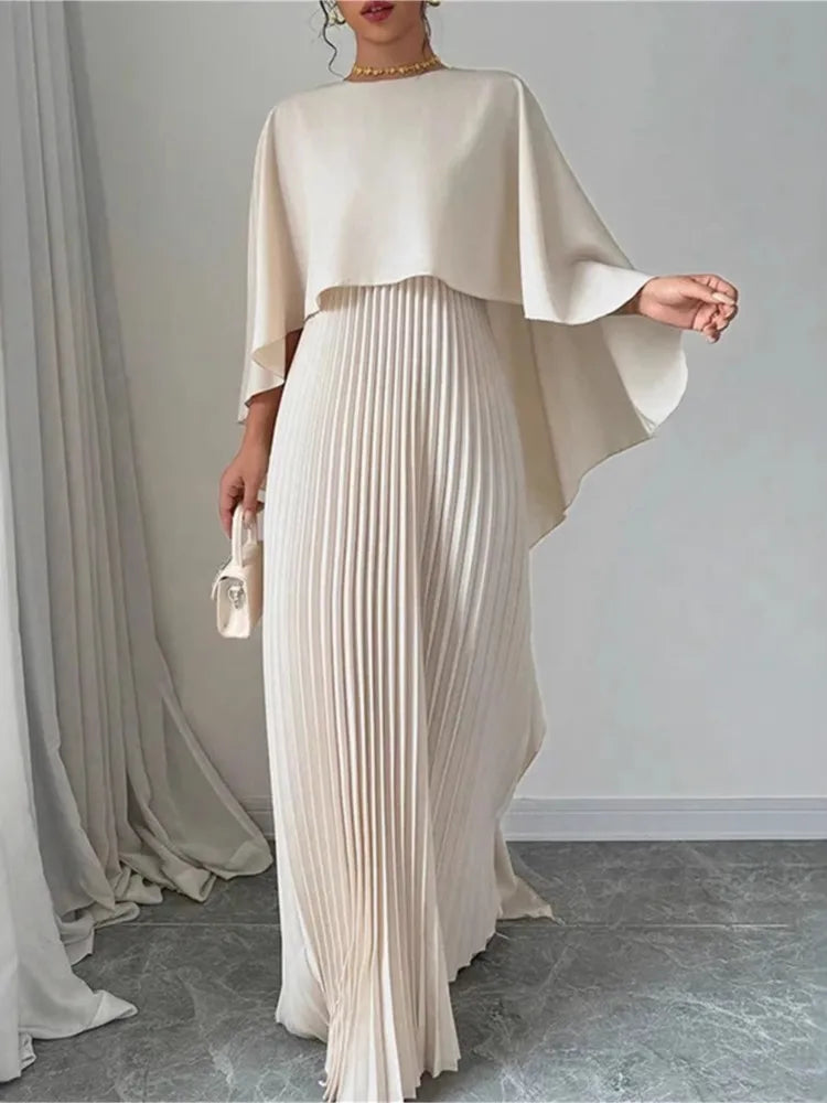 Effortlessly Elegant Cape Dress/Women's Bat Sleeve Curling Irregular Elegant Seven Inch Sleeve Long Dress.