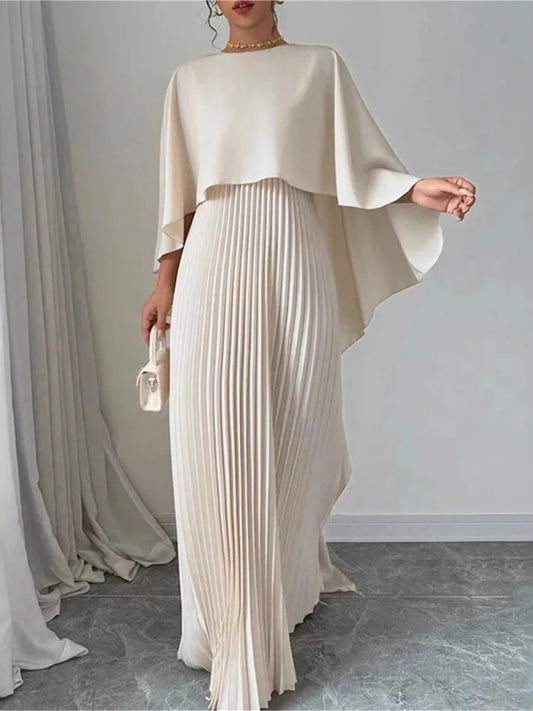 Effortlessly Elegant Cape Dress/Women's Bat Sleeve Curling Irregular Elegant Seven Inch Sleeve Long Dress.