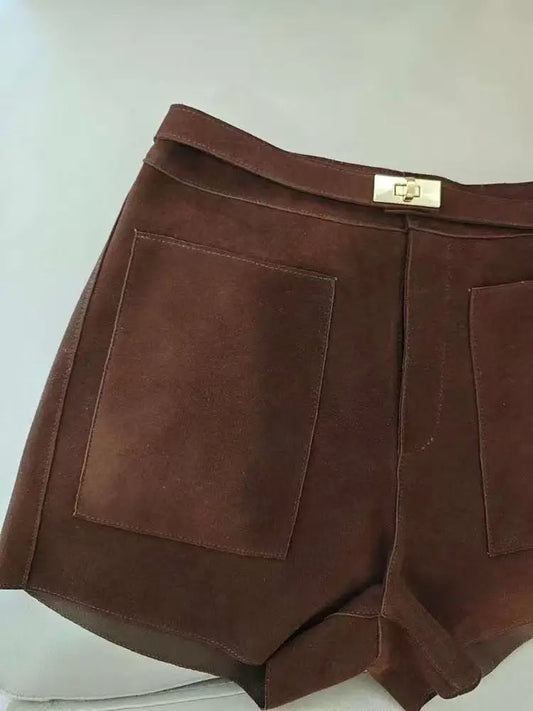 Real Sheepskin Leather Shorts for Women – 2026 New Arrival Casual Genuine Leather Shorts with White Belt, High-Quality Sheepskin, Versatile Summer & Street Style