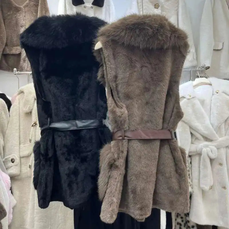 Puffy European Sleeveless Waist Cost Lace-up Design Long Fur Waistcoats/Thick And Warm Women Winter V~Neck Vest.