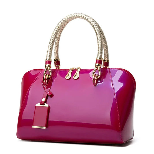 Luxury Pink Patent Leather Handbag – Glossy Top Handle Tote with Gold Hardware | Modern Blend Boutique
