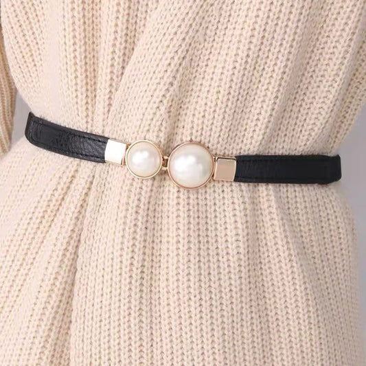Creative Pearl Buckle Belt/PU Leather Dress Skirt/Waist Elastic Thin Women Belts Ladies Waistband.