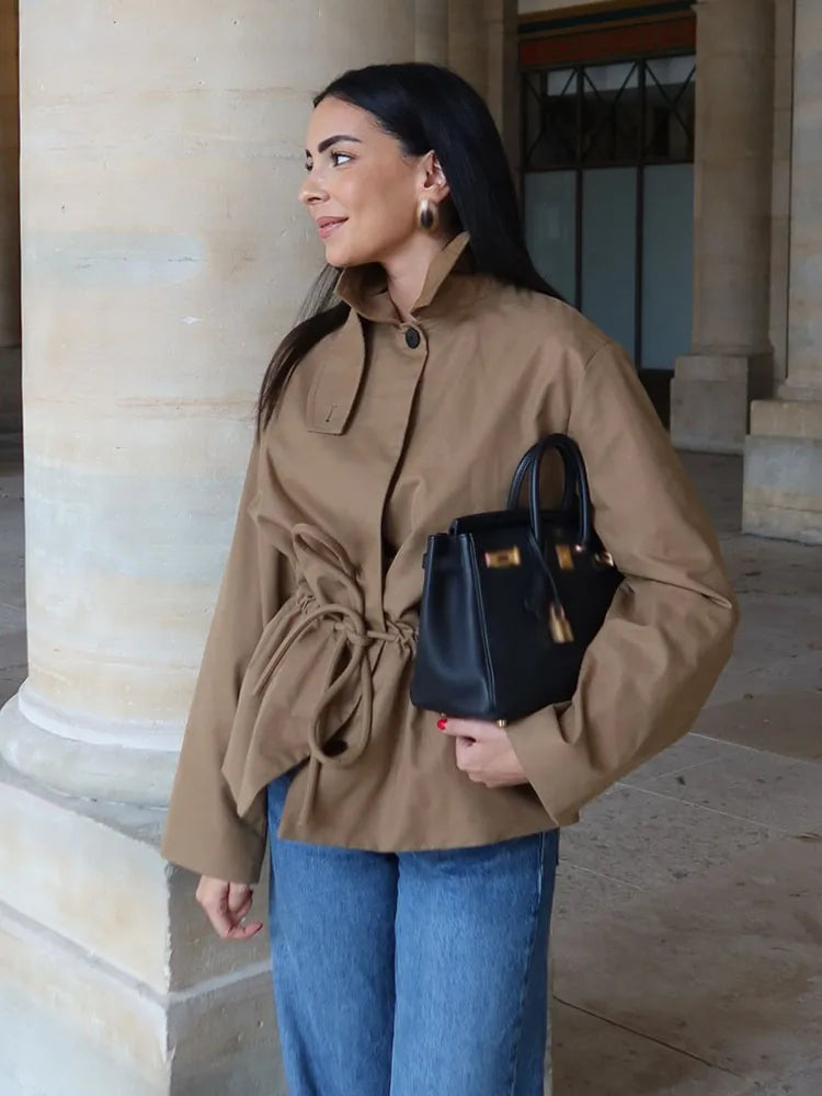 Fashion Turn Down Collar Coat/Short Cardigan Coat’s/Solid Type Jacket/Long-Sleeved/Lace-Up Decoration/Single-Breasted Female Casual Jacket.