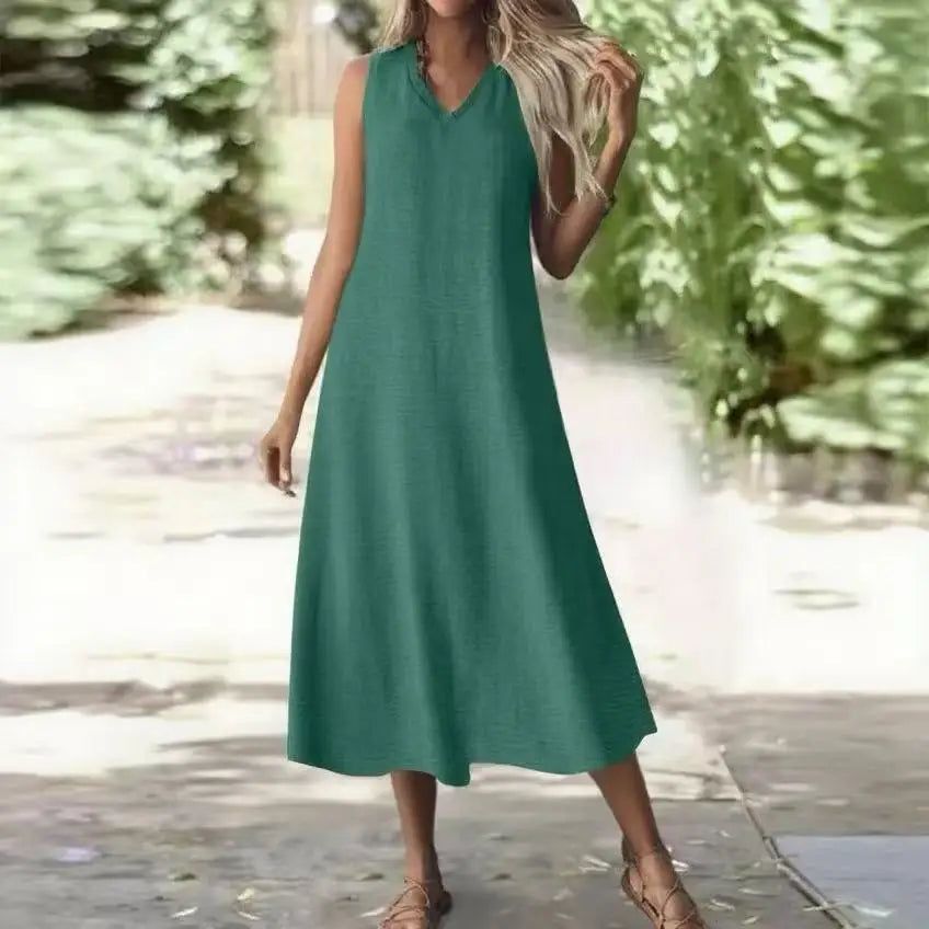 Trendy Solid V-Neck Loose Dress/Sleeveless V Neck Pullover Dresses/Holiday Beach Skirt Robe.