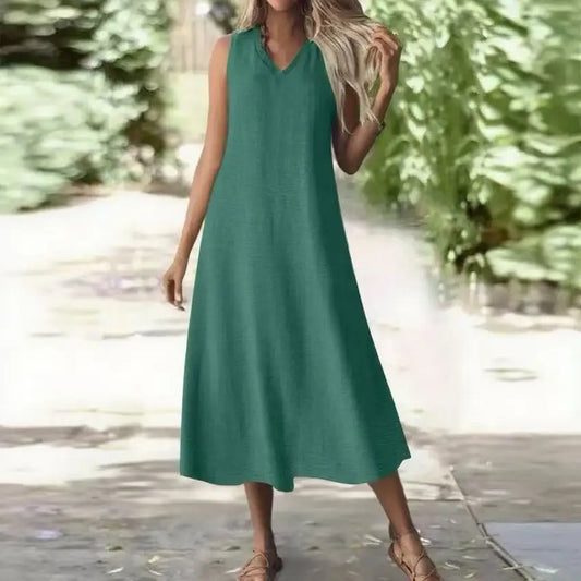 Trendy Solid V-Neck Loose Dress/Sleeveless V Neck Pullover Dresses/Holiday Beach Skirt Robe.