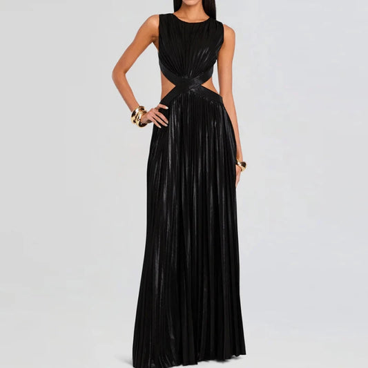 Elegant Pleated Maxi Dress – Available in Black, Peach, and Light Blue