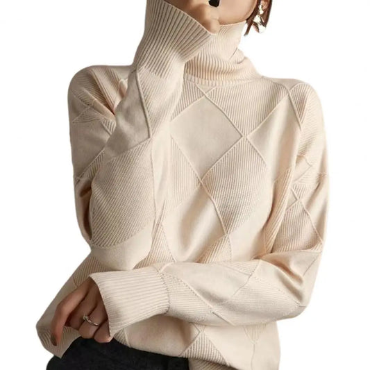 Solid Stylish Winter Turtleneck Sweater/ Elegant Thicken Warm Knitted Pullover/Crochet Texture Slim Tops Loose Jersey Knitwear Jumper.