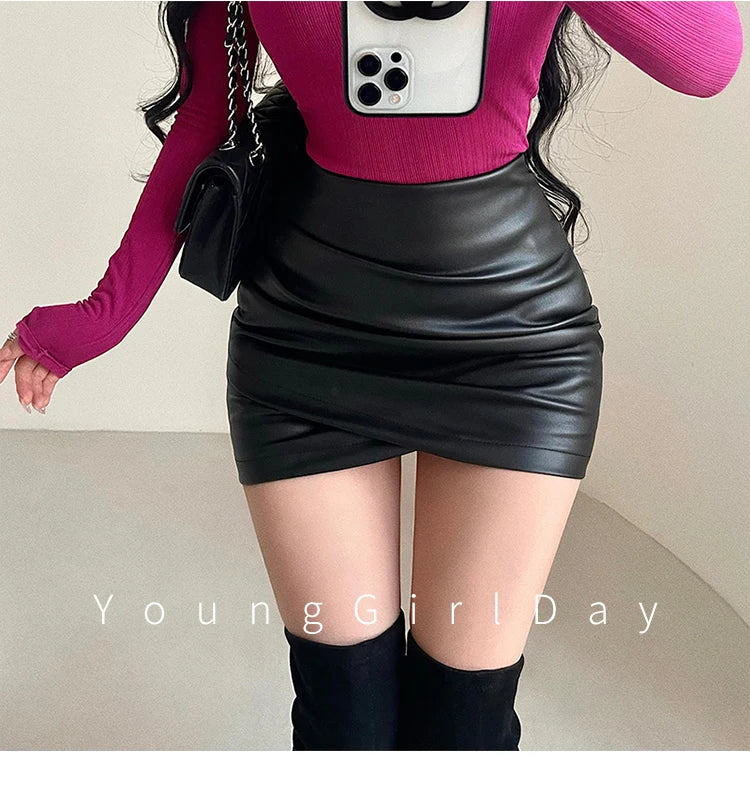 Women’s Faux Leather Ruched Mini Skirt – High Waist Bodycon Hip Wrap Club Skirt
