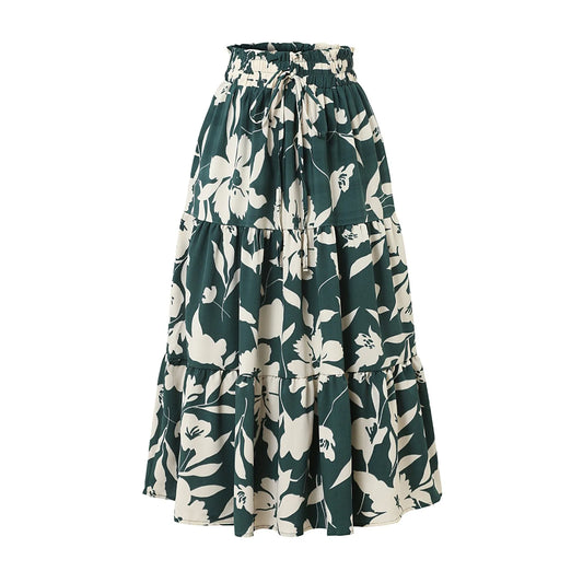 Retro Puff Floral Printed Skirt/With Pocket’s/Casual Elastic High Waist Lace-up Loose Skirts.