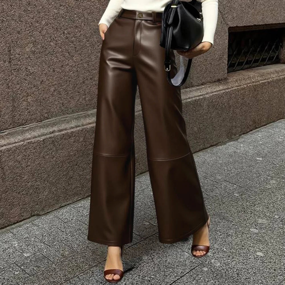 Women's Tailored Leather Pant’s/Chic Fit Wide Leg Wear/High Waist Full Length Straight Leg Trouser’s.