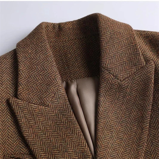 Women’s Gray Herringbone Belted Blazer Coat – Double-Breasted Tailored Boutique Outerwear