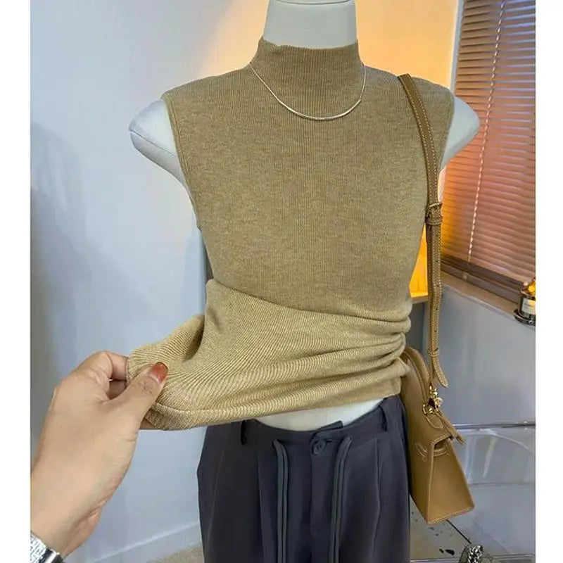 Knitted turtleneck sweater/Women Half High Collar Fashion/Autumn Basic Slim Sleeveless Sweaters/All-match Ulzzang Leisure Knitting. Popular Slightly Stretch.