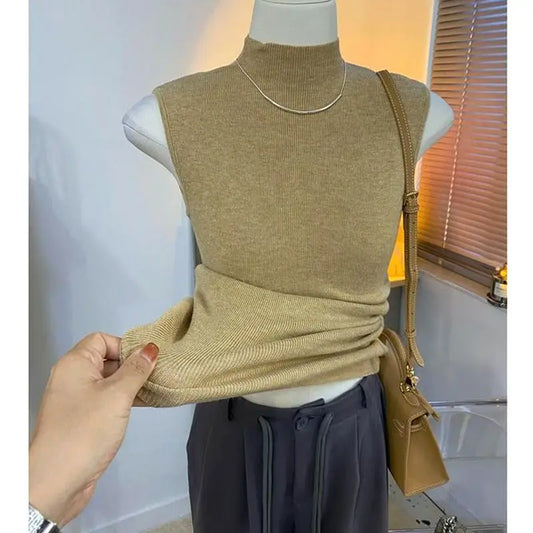 Knitted turtleneck sweater/Women Half High Collar Fashion/Autumn Basic Slim Sleeveless Sweaters/All-match Ulzzang Leisure Knitting. Popular Slightly Stretch.
