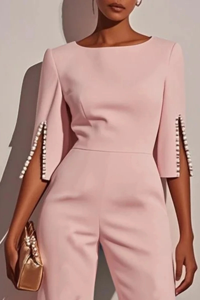 Women's Solid Color Pearl Accent’s Jumpsuit/Beaded Decor 3/4 Length Sleeved/Round Neck/High Waist Regular Fitted Jumpsuit.