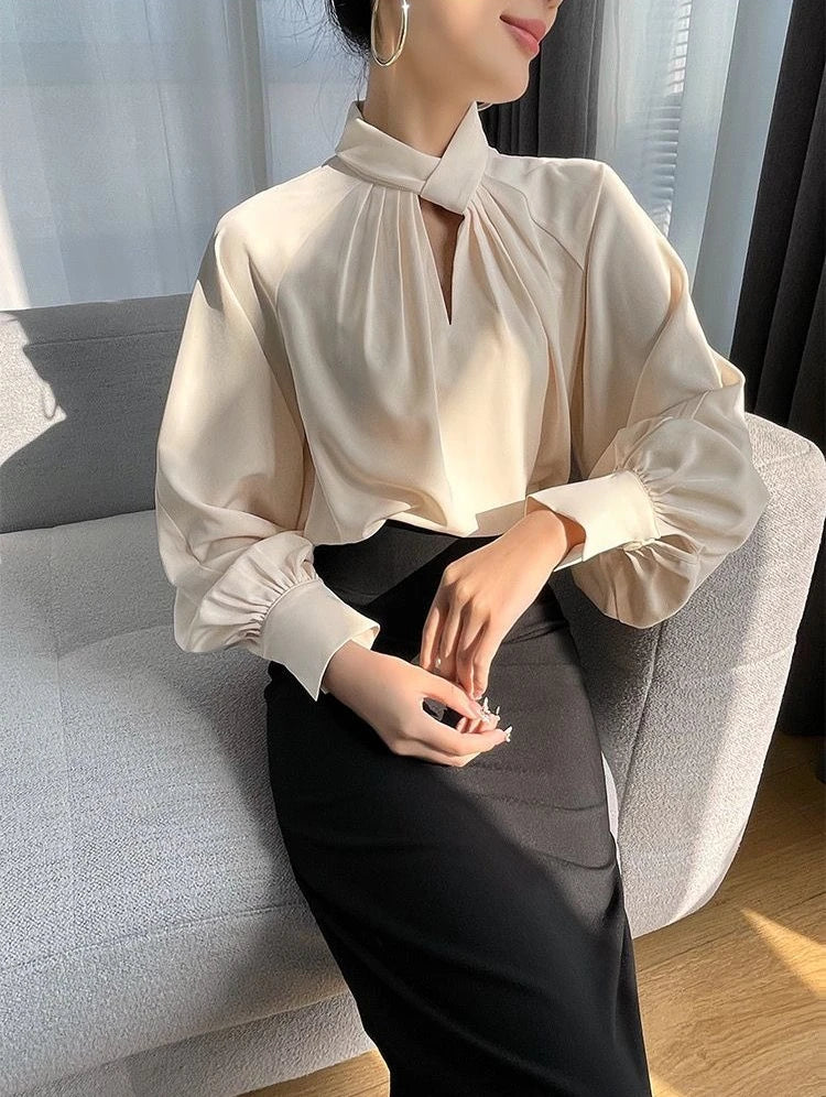 Elegant Twist-Neck Satin Blouse for Women – Long Sleeve Formal Top