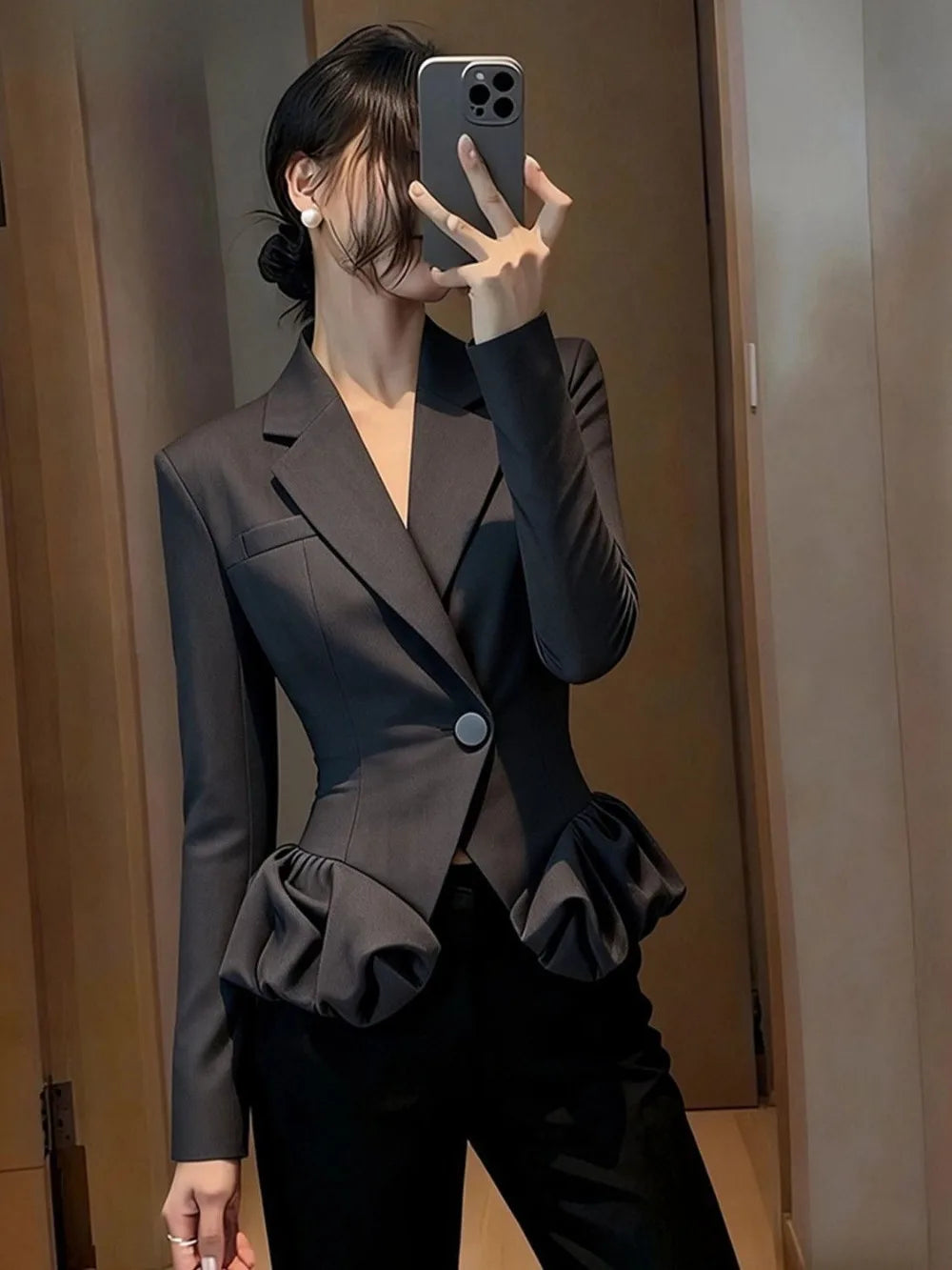 Elegant Peplum Waist Blazer – Women’s Tailored Ruffle Sleeve Jacket | Modern Blend Boutique