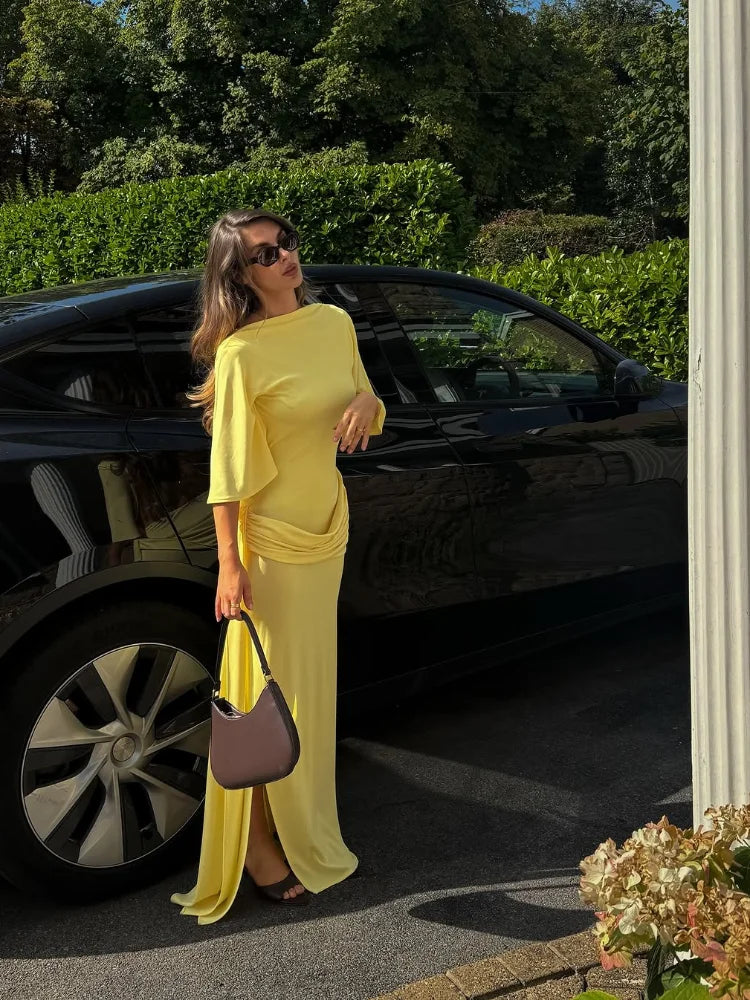 Hollow Out Solid Split Hem Maxi Dress/Fashion Long Sleeve Backless Dress/New Lady Daily High Street Robes.