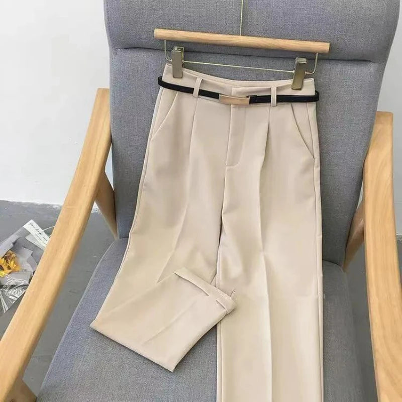 Casual Pants Women Fashion Solid Color Sashes  Slim Straight Trousers Chic Business Mujer Retro Belt.