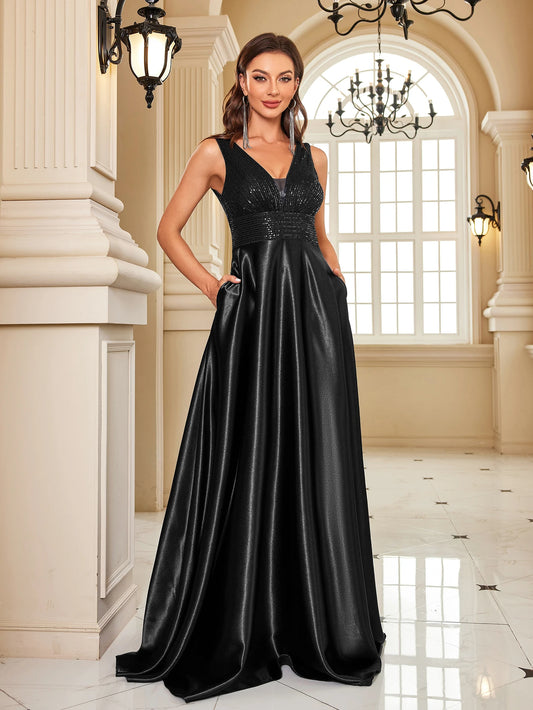 Elegant Sequin Evening Dress/Deep V-neck Satin Prom Party/Dress Floor Length/Formal Gowns.