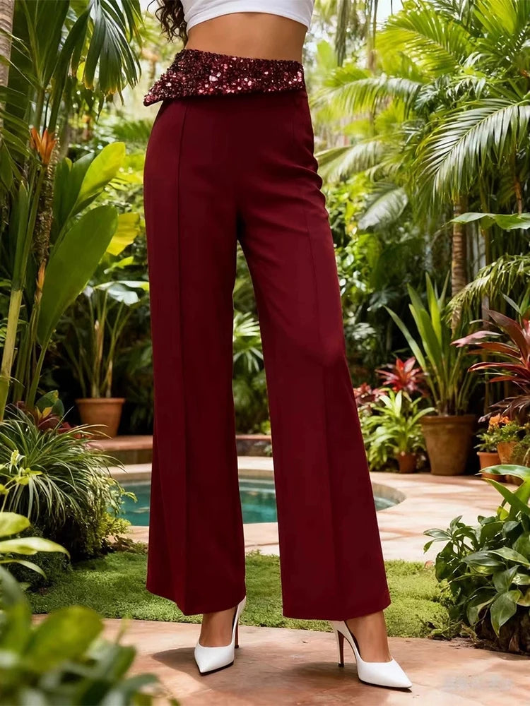 Burgundy High Waist Wide Leg Pants with Sequin Waistband | Elegant Dressy Women’s Trousers