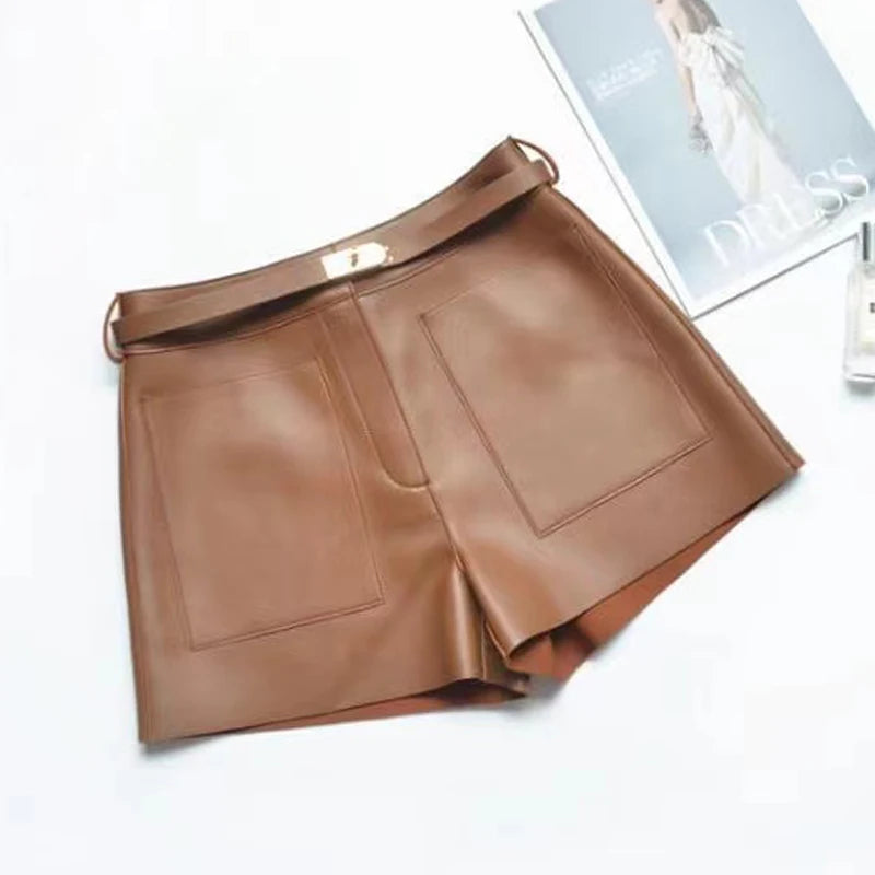 Real Sheepskin Leather Shorts for Women – 2026 New Arrival Casual Genuine Leather Shorts with White Belt, High-Quality Sheepskin, Versatile Summer & Street Style