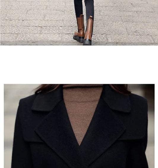 Women’s Double-Breasted Belted Long Wool-Blend Coat | Tailored Winter Overcoat with Gold Buttons & Notched Lapel | Sizes S–3XL