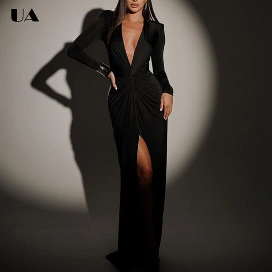 Timeless Noir Ruched Maxi Gown | Deep V-Neck Long Sleeve Evening Dress | Elegant High-Slit Formal Dress for Women