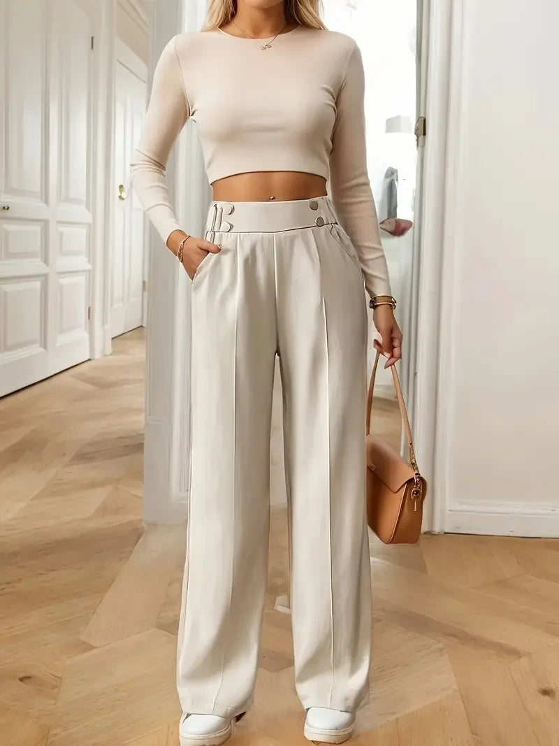 Well Fitted High Waist Pant’s/Wide Leg Pant’s/Flow Floor-Length Trousers/Minimalist Straight Fit Lounge/Elastic Waist Pocketed Pant’s.