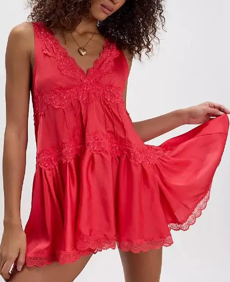 Scarlet Lace Satin Mini Dress – Feminine Flowy Coquette Slip Dress