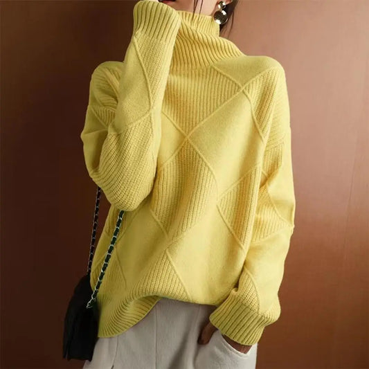 Solid Stylish Winter Turtleneck Sweater/ Elegant Thicken Warm Knitted Pullover/Crochet Texture Slim Tops Loose Jersey Knitwear Jumper.