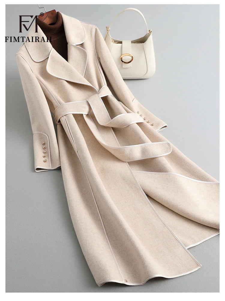 Women’s 100% Merino Wool Long Wrap Coat – Luxury Double-Breasted Style, Wide Lapel Collar, Belted Waist, Elegant Winter Outerwear