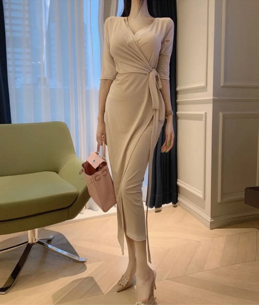 Slimming V-Neck Belted Maxi Dress.