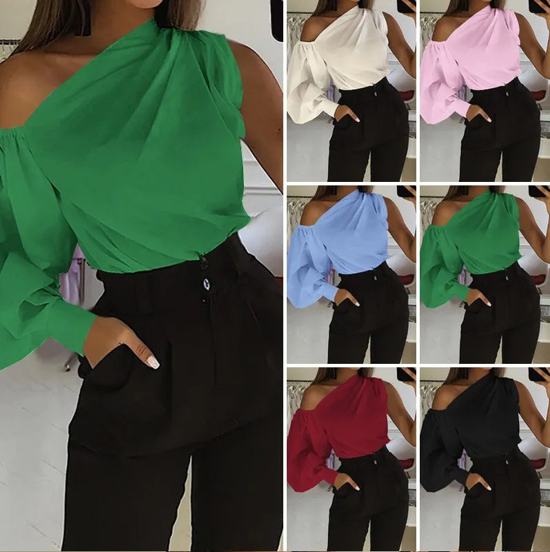 Women's Solid Color Oblique/Shoulder fit long Sleeve. For casual use/Off Shoulder design. Female Fashion Lantern Long Sleeve Shirts.