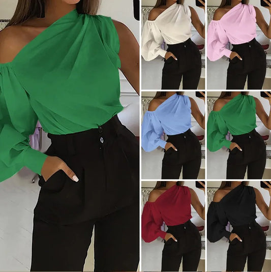 Women's Solid Color Oblique/Shoulder fit long Sleeve. For casual use/Off Shoulder design. Female Fashion Lantern Long Sleeve Shirts.