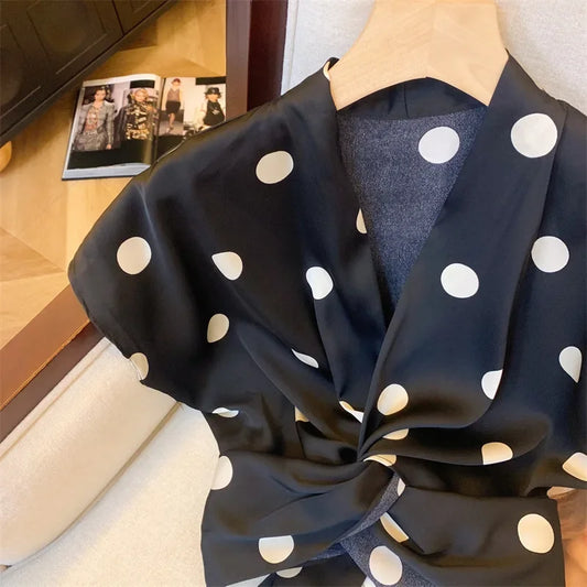 Elegant Polka Dot Tie Front Blouse – Women’s Retro V-Neck Waist Tie Top | French Chic Lightweight Luxury Blouse | Modern Blend Boutique