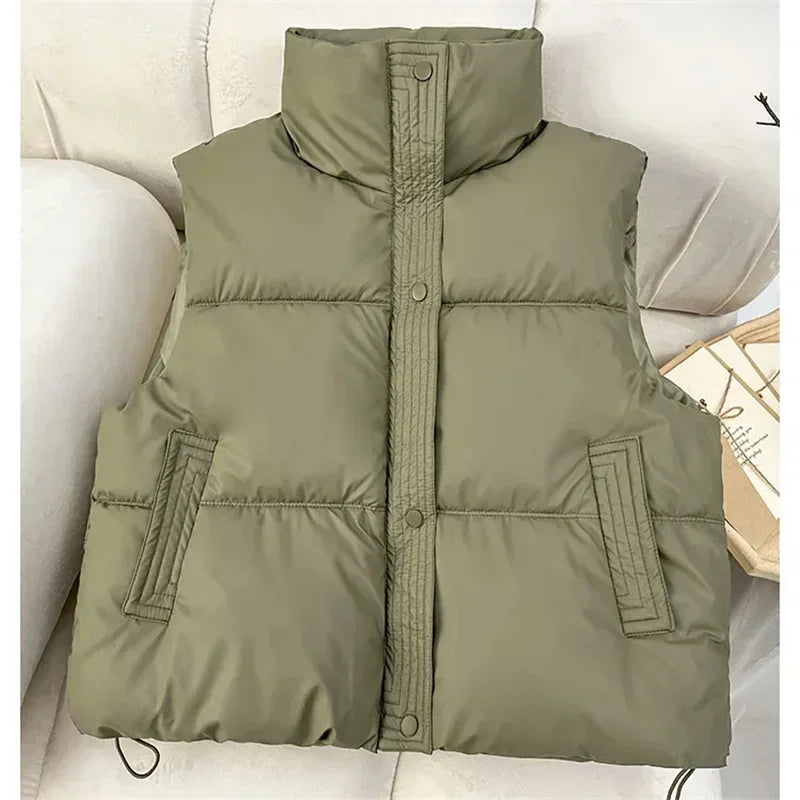 New Autumn Casual Loose Down Cotton Vests Women Stand Collar Short Sleeveless Coats Solid Zipper Waistcoat Winter Warm Vest