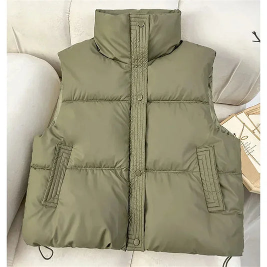New Autumn Casual Loose Down Cotton Vests Women Stand Collar Short Sleeveless Coats Solid Zipper Waistcoat Winter Warm Vest
