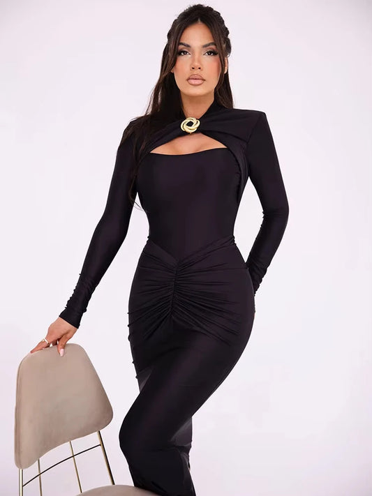 Luxury Champagne Gold Ruched Maxi Dress – Long Sleeve Stretch Satin Bodycon Evening Gown for Women