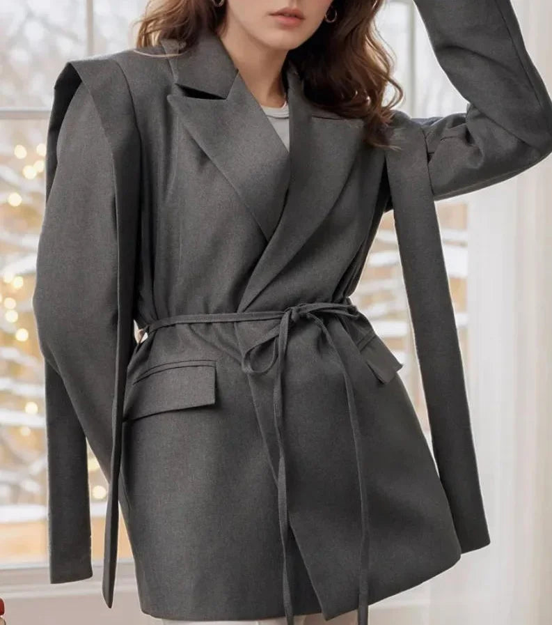 DFCF Women Elegant Loose Waist Cinching Belt Jackets Female Tailored Vintage Striped Lapel Suit Jacket