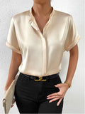 Lovely Satin Shirts Solid/Casual Blouses Elegance/Short Sleeve Lapel Button Up Office Tops/Luxury Femal Clothing.
