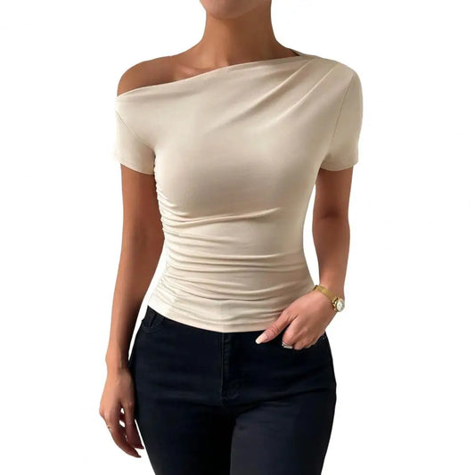 Elegant Women Skew Collar Short Sleeve Blouse/Slim Shirt Solid Color Side Shirring Blouse Shirt Top.