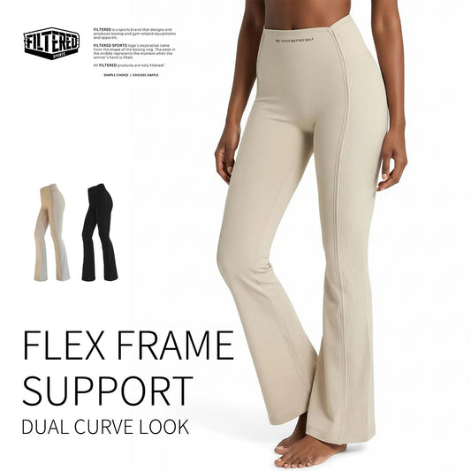 “High-waisted sculpting flare yoga pants with dual-curve construction and moisture-wicking stretch fabric.”