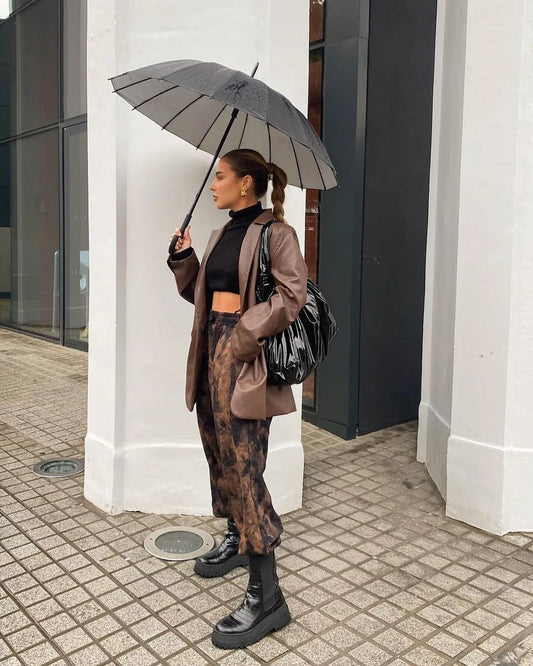 Women’s Oversized Vegan Leather Blazer – Single Breasted Faux Leather Jacket with Pockets